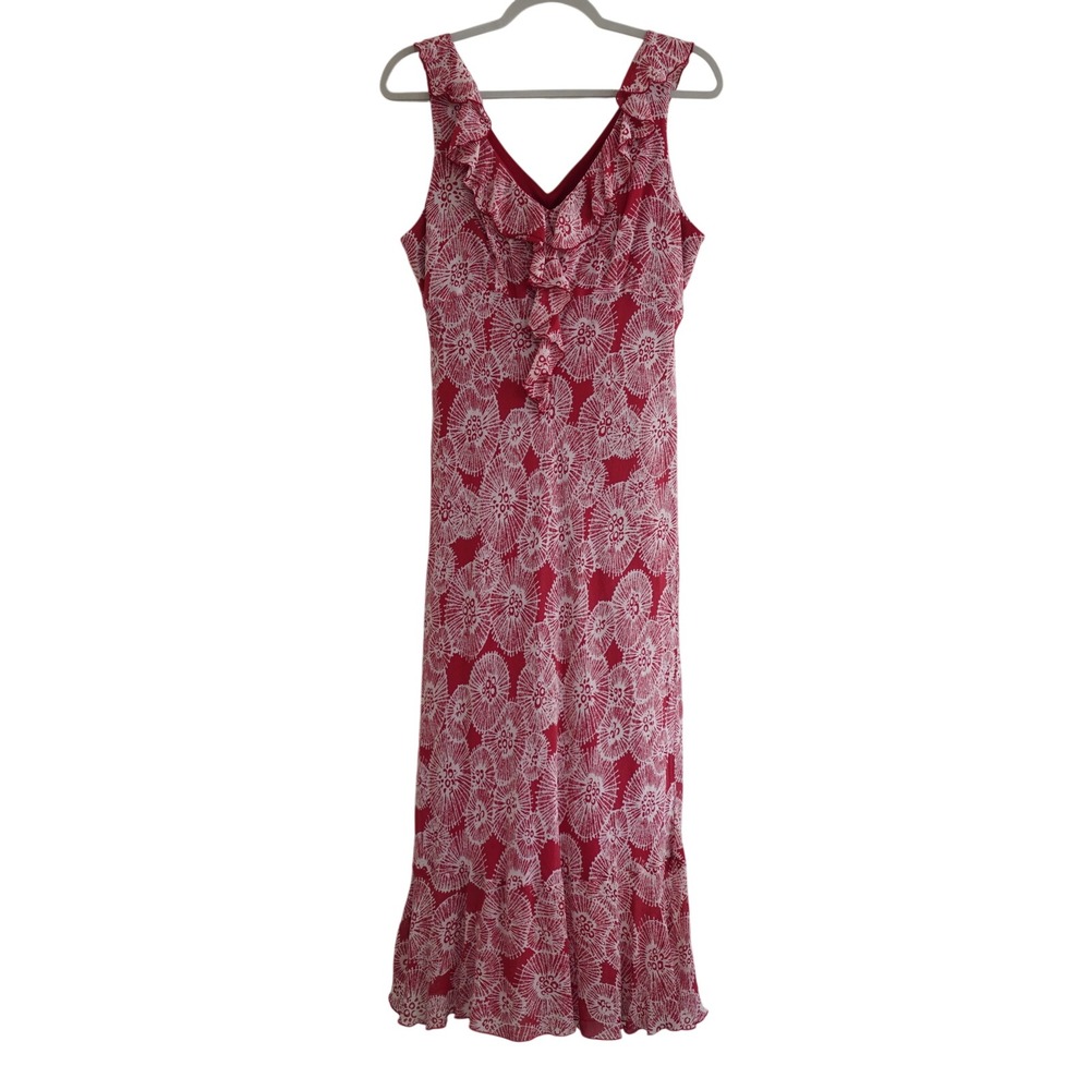Vintage 90s Red White Silk Ruffle V-Neck Midi Dress Feminine Teacher Delicate